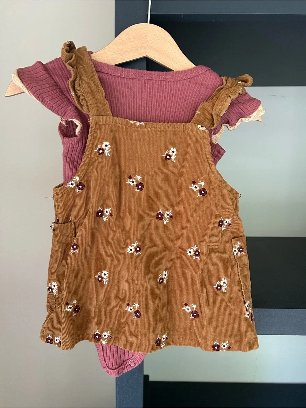 Kids Brown Corduroy Floral Pinafore Dress with onesie